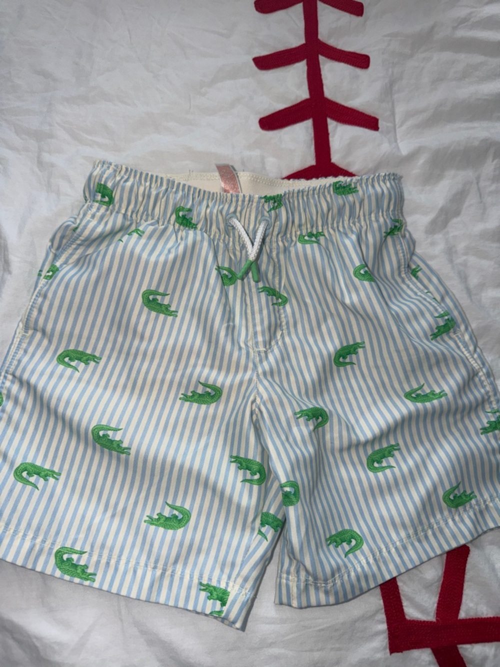 Kids Light Blue Stripe Swim Shorts with Green Alligator Embroidery Boys